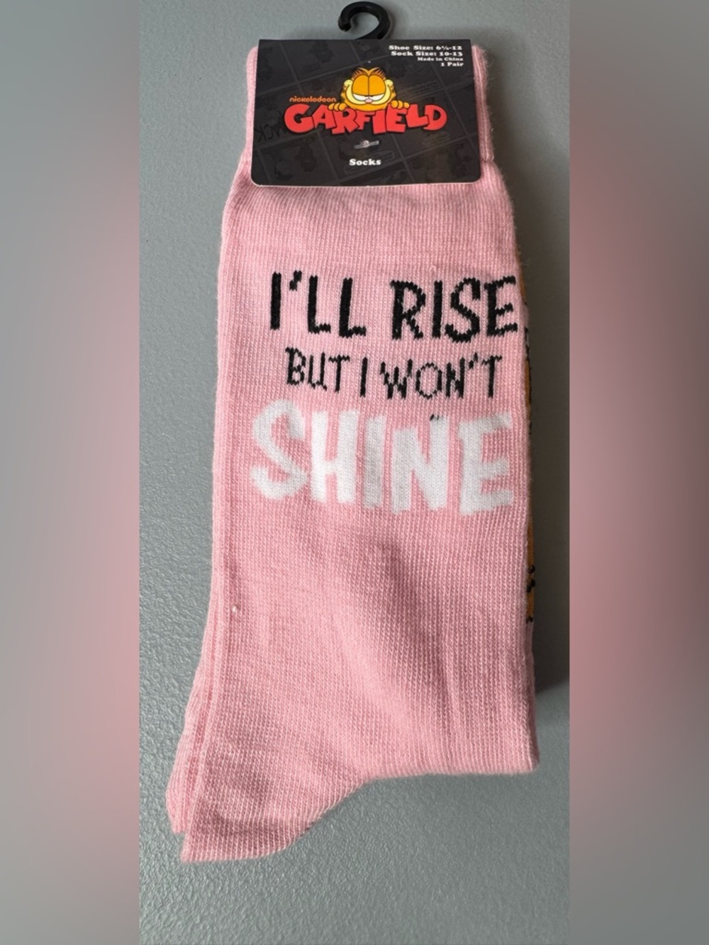 Nickelodeon Garfield “I'll Rise But I Won't Shine" novelty cat socks pastel